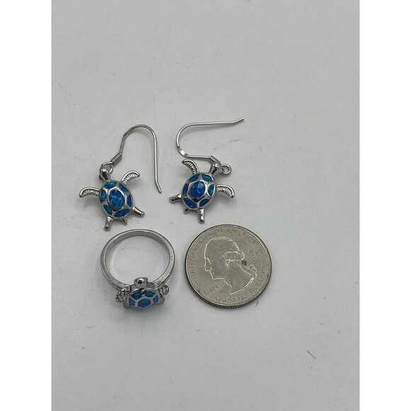 Honolulu Jewelry Co Sterling Silver Synthetic Opal Inlay Turtle Ring & Earrings - Picture 10 of 12